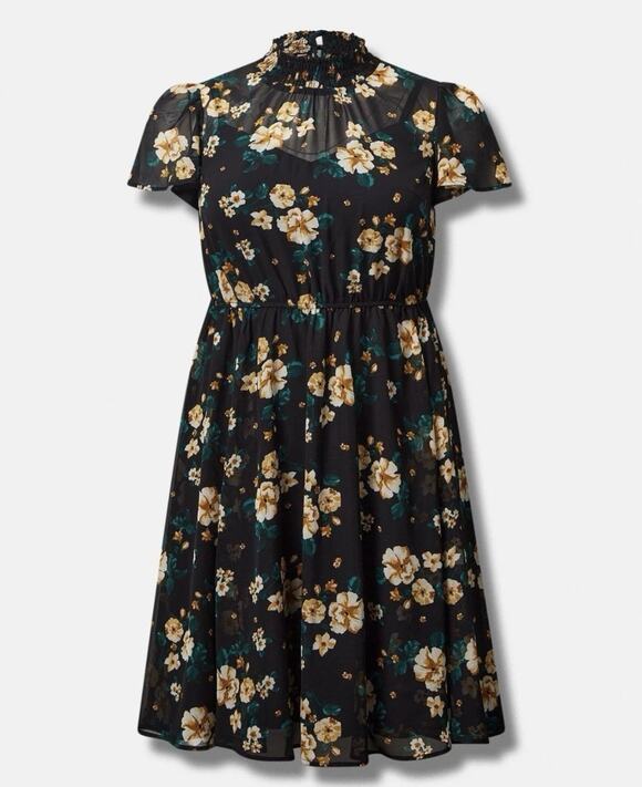 torrid Dresses & Skirts - Torrid Black Floral Chiffon Overlay Mini Dress Smocked Neck Cottagecore Size 1X